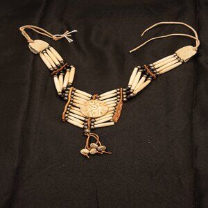 Native American Leather and bone Necklace Choker 14"